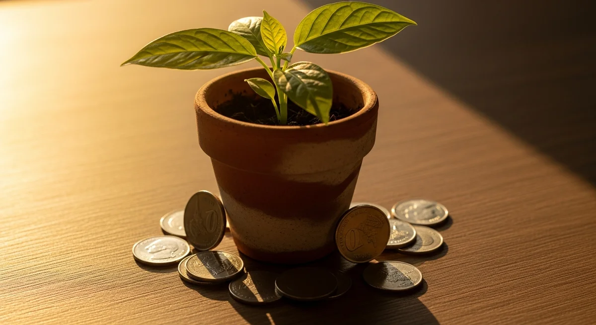A small green plant growing in a pot, surrounded by coins, symbolizing investment growth.