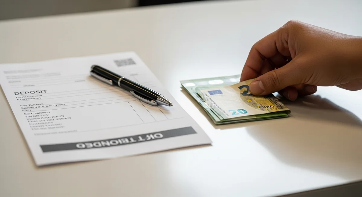 A hand placing euro banknotes next to financial documents and a pen on a clean, polished counter, suggesting a bank deposit.