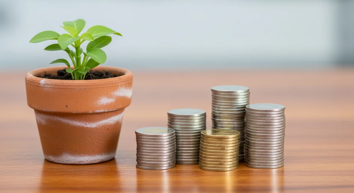 Various stacks of coins next to a small green plant in a terracotta pot, with a legal document softly blurred in the background.