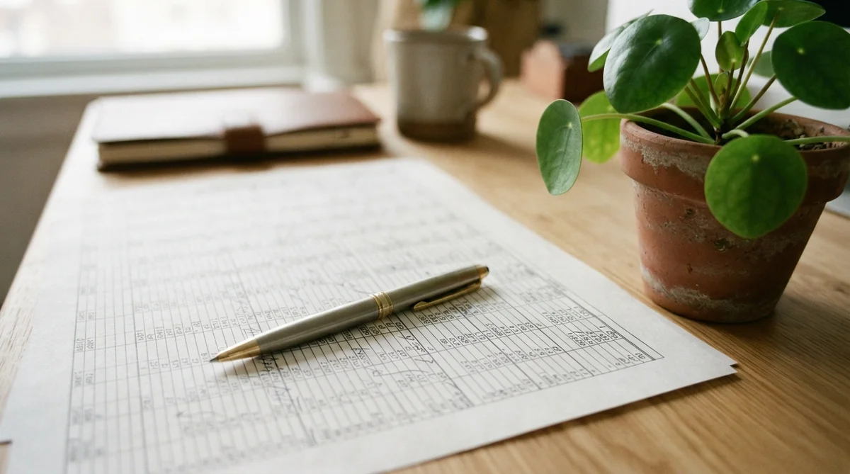 A close-up of financial documents with a pen resting on them, a small green plant beside them, all bathed in warm natural light.