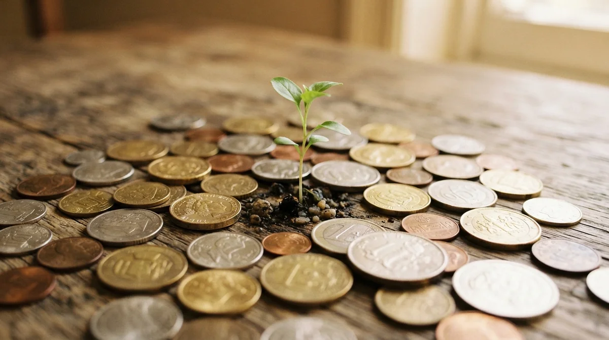 A scattering of coins on a wooden surface, with a small green plant growing among them, illuminated by warm natural light.
