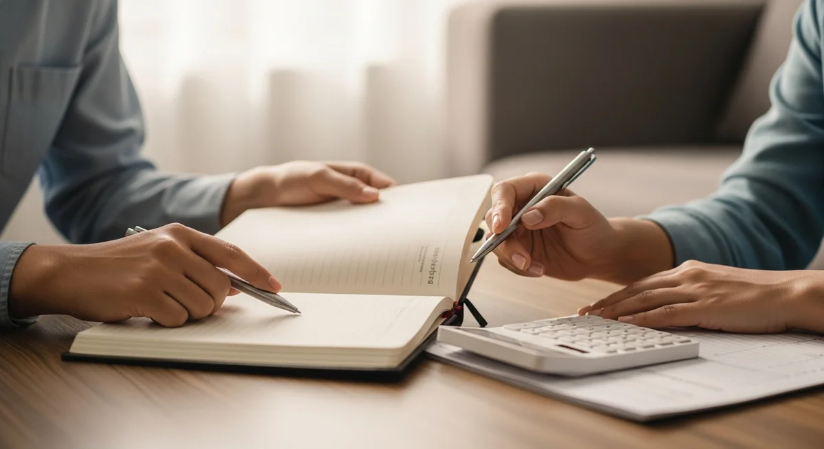 Two pairs of unidentifiable hands reviewing a household budget notebook on a coffee table, illuminated by warm daylight, symbolizing shared financial planning.