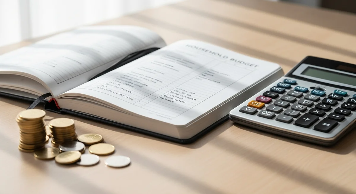 An open budget notebook, calculator, and coins on a surface, bathed in warm daylight, symbolizing the calculation of startup costs.