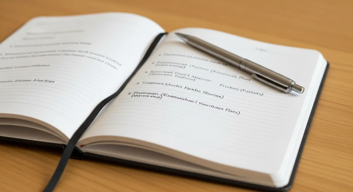 A handwritten business plan outline in a notebook with a pen, on a light wooden desk bathed in warm daylight, evoking thoughtful planning.