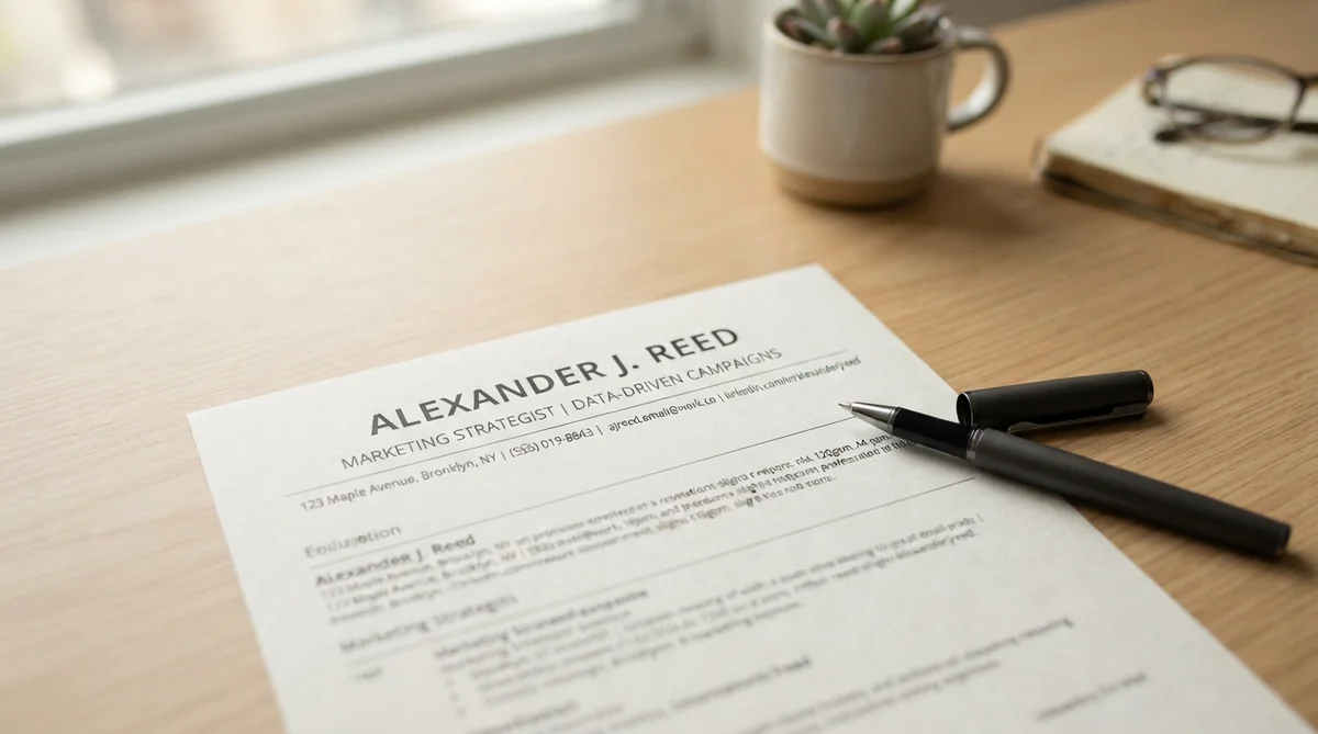 A minimalist resume on a table with a pen and a small green plant, in warm daylight.