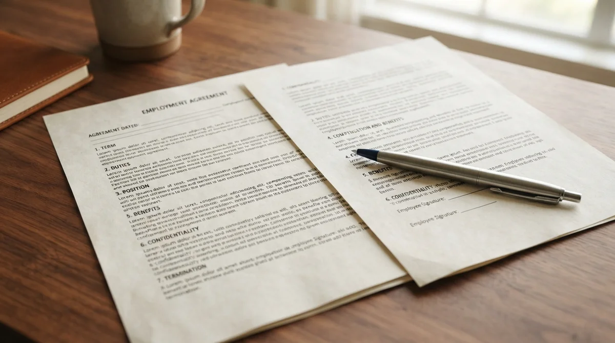 A pen resting on an open employment contract on a wooden table, in warm daylight.