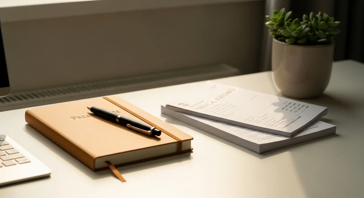 A tidy home office desk with a notebook, financial documents, and a succulent plant, representing consistent investing.