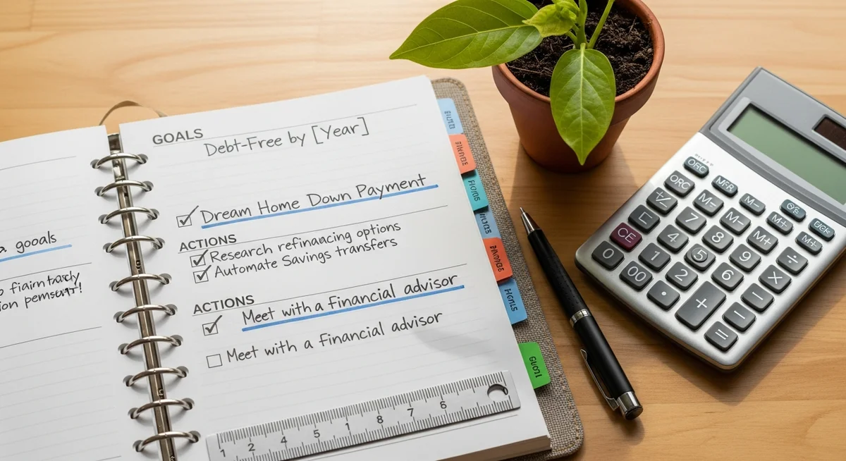 A planner and calculator next to a small plant, symbolizing financial goal setting.