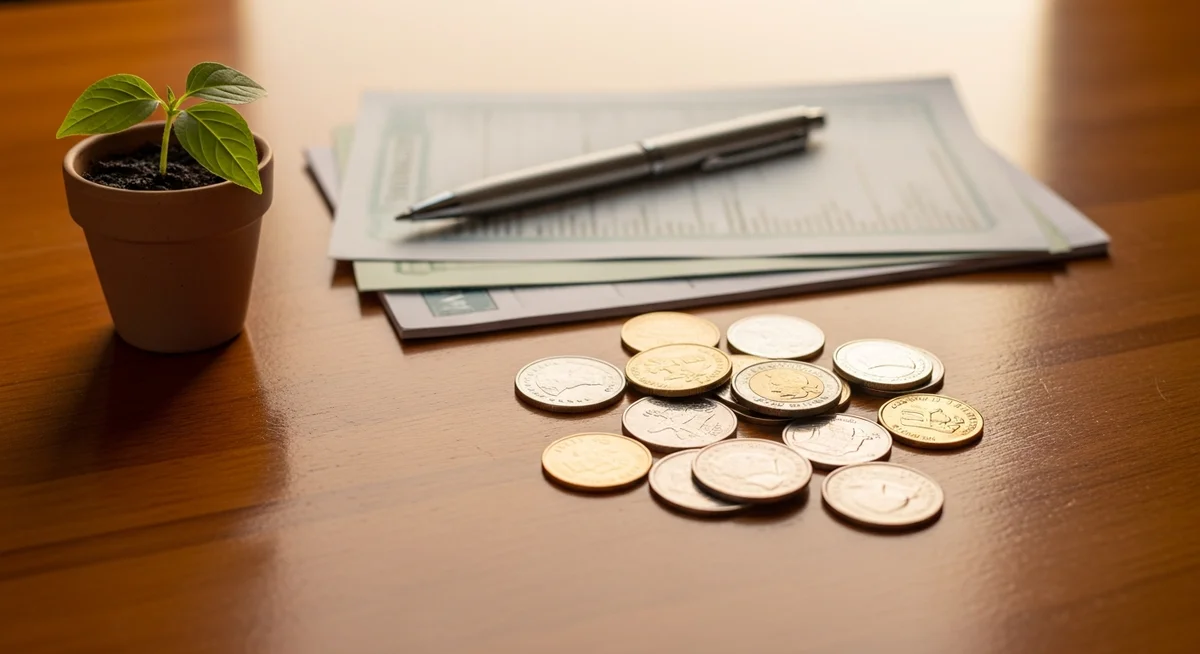 Coins, financial documents, and a small plant, representing initial investment choices.