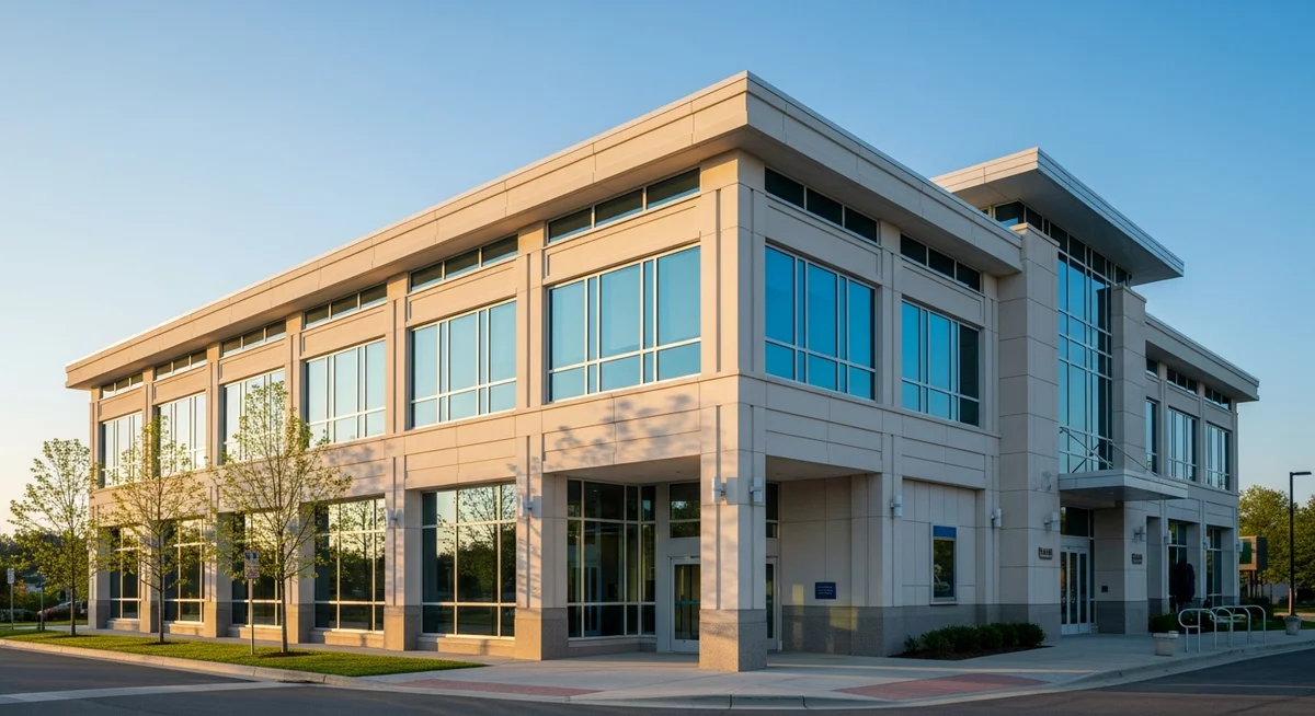 The modern, inviting facade of a bank building under warm daylight, symbolizing the process of opening a financial account and proving eligibility.