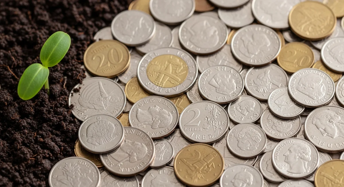 A close-up of a pile of various coins, neatly arranged, with a small green plant growing beside them, symbolizing savings and growth beyond a limit.