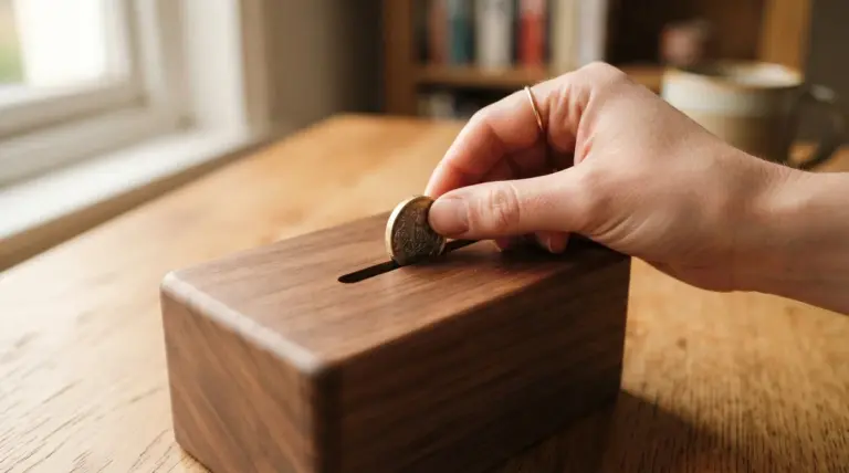 A hand inserts a British coin into a wooden money box on a table