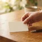 A person's hand gently places a blank, unbranded card on a warm, polished wooden desk, next to a sleek pen