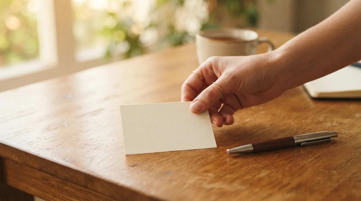 A person's hand gently places a blank, unbranded card on a warm, polished wooden desk, next to a sleek pen