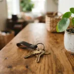 A polished set of house keys rests on a warm, smooth wooden surface, next to a small, thriving potted plant