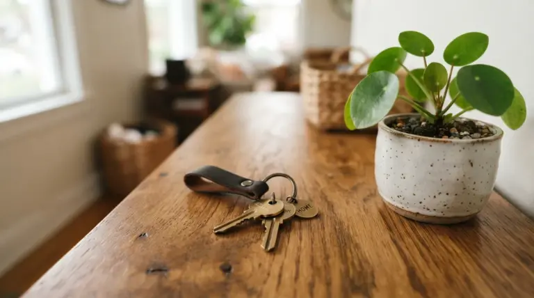A polished set of house keys rests on a warm, smooth wooden surface, next to a small, thriving potted plant