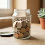 A clear glass savings jar half-filled with euro coins, placed on a light wooden desk