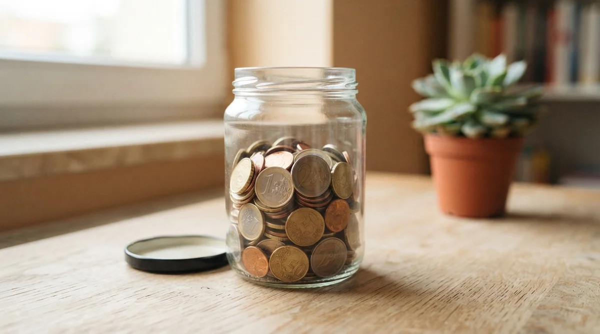 A clear glass savings jar half-filled with euro coins, placed on a light wooden desk