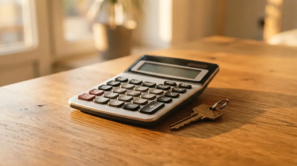A close-up of a modern financial calculator and a single house key resting together on a warm, polished wooden tabletop