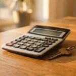 A close-up of a modern financial calculator and a single house key resting together on a warm, polished wooden tabletop
