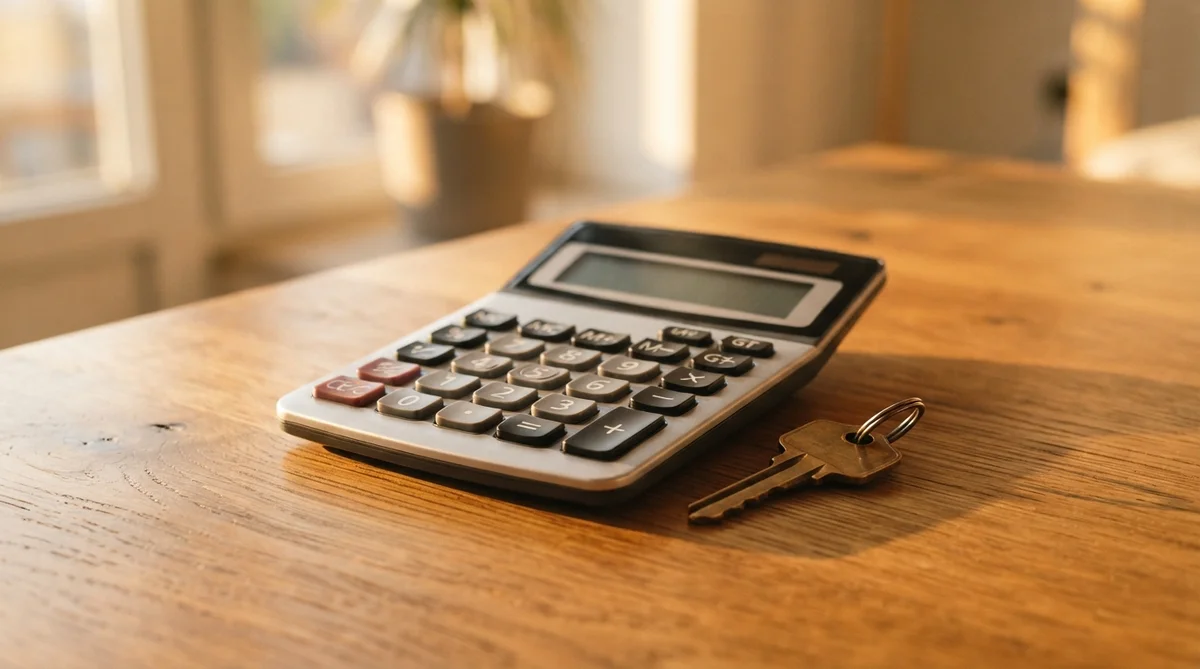 A close-up of a modern financial calculator and a single house key resting together on a warm, polished wooden tabletop