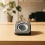 A modern, compact biometric thumbprint scanner, front and center on a pristine, smooth light-colored desk
