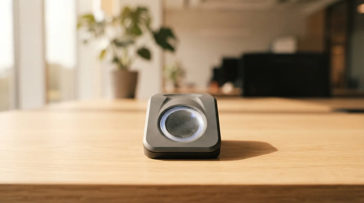 A modern, compact biometric thumbprint scanner, front and center on a pristine, smooth light-colored desk