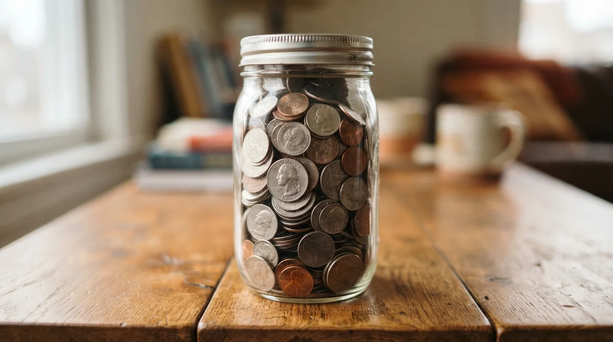 A glass jar filled with assorted American coins sits on a rustic wooden table