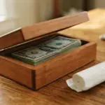 A small, polished wooden box sits slightly ajar on a warm wooden table, revealing a neat stack of new dollar bills inside