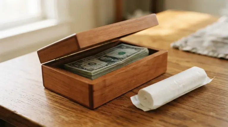 A small, polished wooden box sits slightly ajar on a warm wooden table, revealing a neat stack of new dollar bills inside