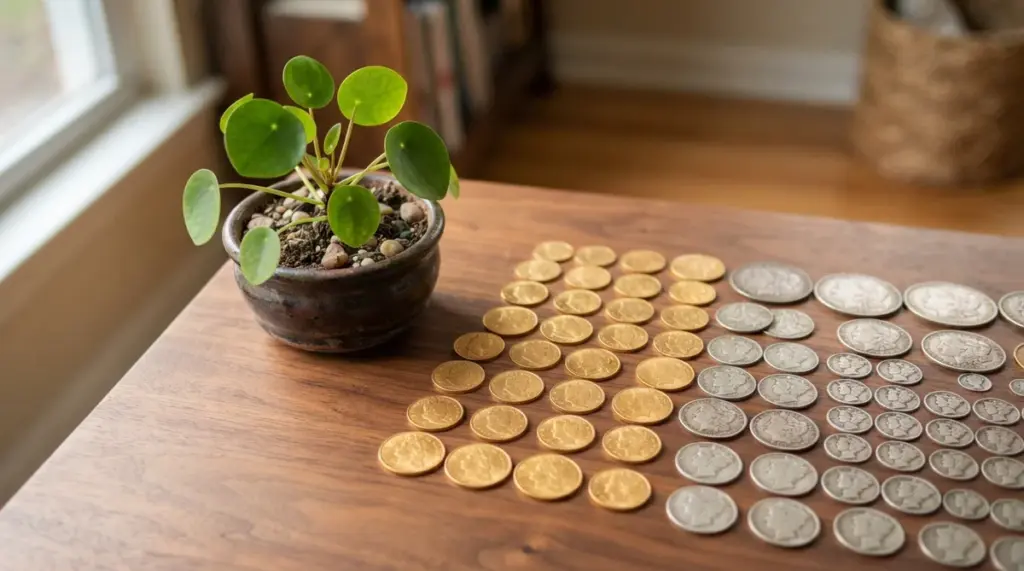 Numerous gold and silver coins are meticulously arranged beside a small, vibrant green plant on a warm