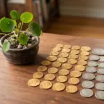 Numerous gold and silver coins are meticulously arranged beside a small, vibrant green plant on a warm