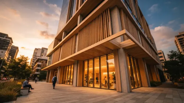 A modern wooden building exterior with floor-to-ceiling glass windows at street level and people walking on a plaza