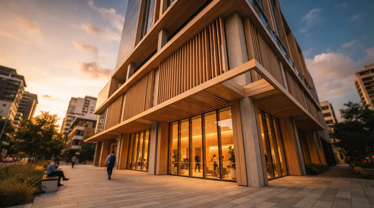 A modern wooden building exterior with floor-to-ceiling glass windows at street level and people walking on a plaza