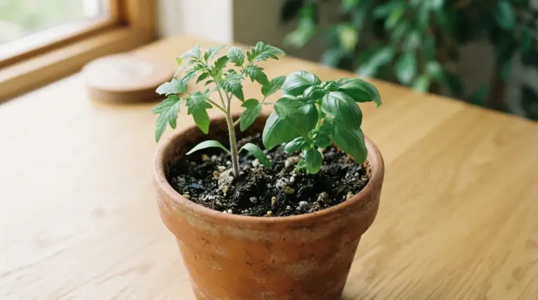 Tomato and basil seedlings growing in a terracotta pot on a wooden table