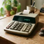 A vintage financial calculator rests on a warm, natural wood desk, bathed in soft, inviting daylight
