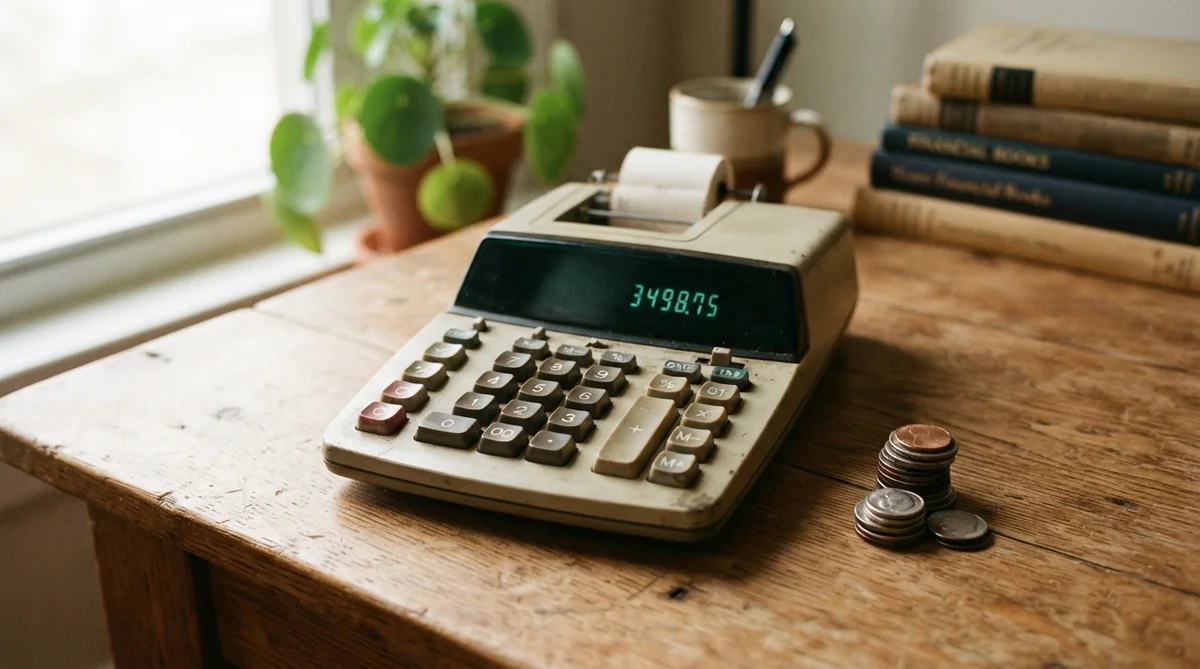 A vintage financial calculator rests on a warm, natural wood desk, bathed in soft, inviting daylight